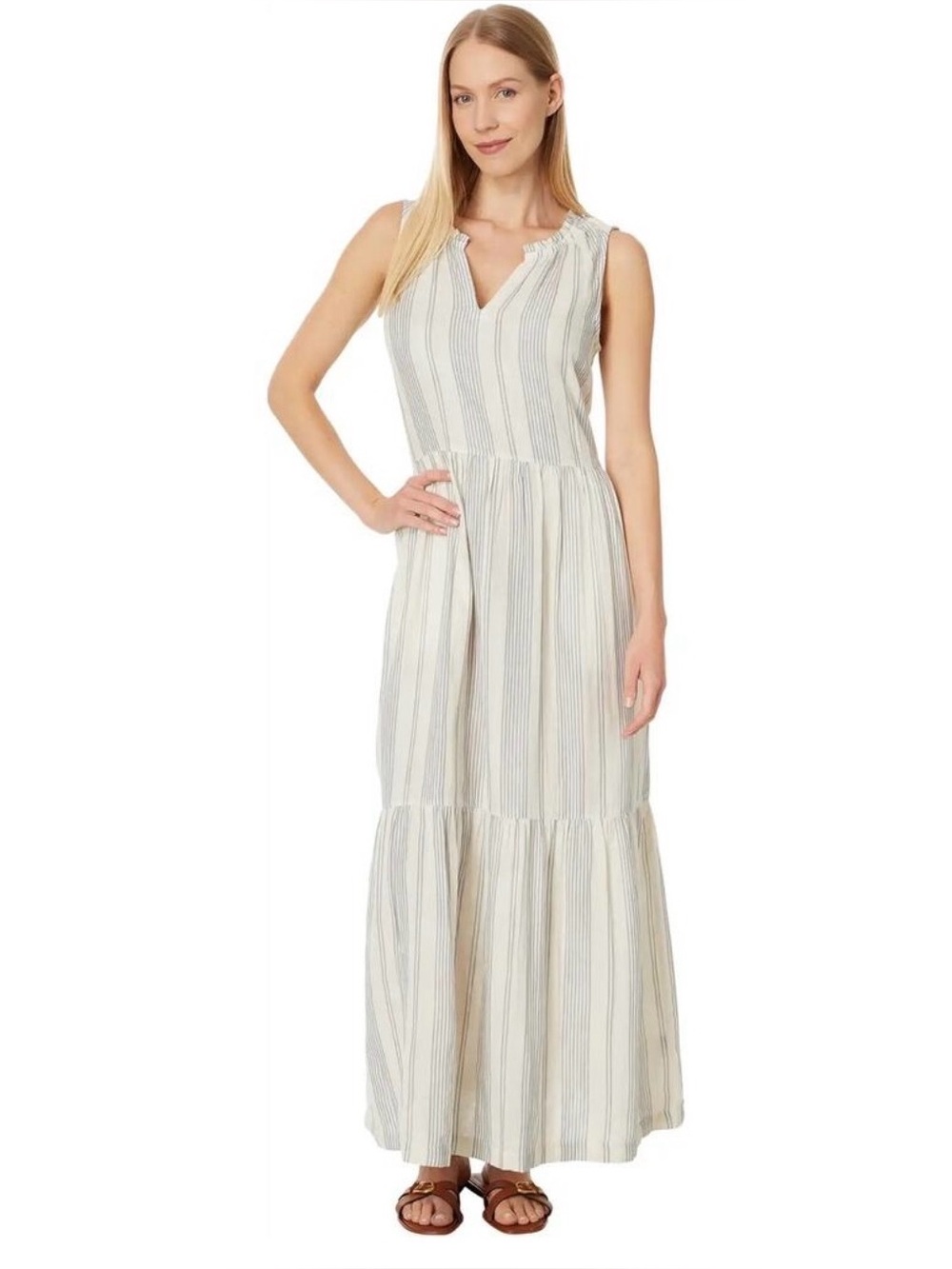 PACT coastal double gauze ruffle maxi dress in east coast stripe, size xs